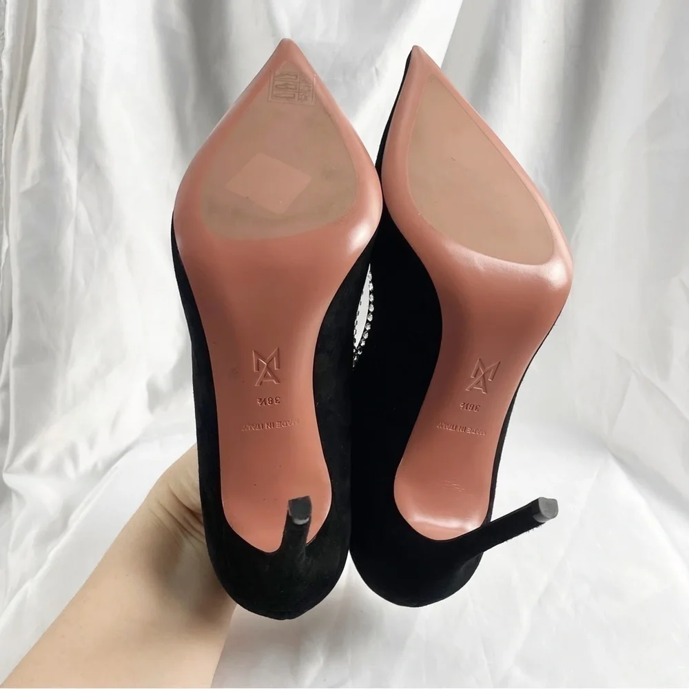 Amina Muaddi Romy Crystal Suede Leather Pointed Toe Pumps EU 38.5 US 8.5 Black